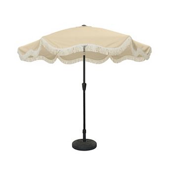Clihome 9ft Fringe Patio Umbrella Tilt Function Boho Umbrella with Base