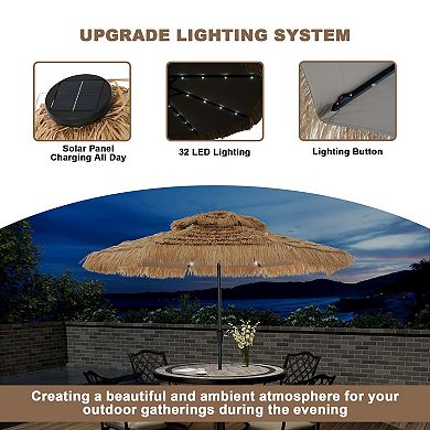 Clihome 10ft Hawaiian Style LED Lights Tiki Umbrella Thatched Patio Umbrella with Base