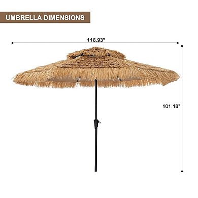 Clihome 10ft Hawaiian Style LED Lights Tiki Umbrella Thatched Patio Umbrella with Base