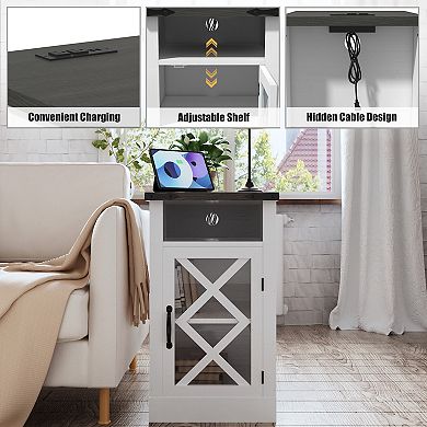 Clihome Farmhouse Storage Side Table with Charging Station