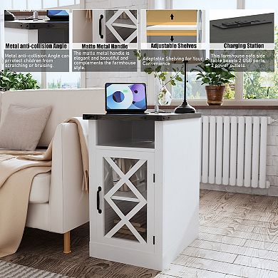 Clihome Farmhouse Storage Side Table with Charging Station