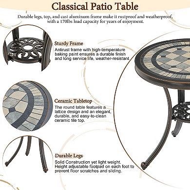 Clihome Round Cast Aluminum Outdoor Side Table Patio Dining Table Ceramic Desktop