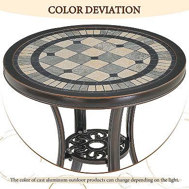 Clihome Round Cast Aluminum Outdoor Side Table Patio Dining Table Ceramic Desktop
