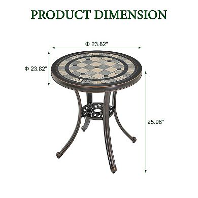 Clihome Round Cast Aluminum Outdoor Side Table Patio Dining Table Ceramic Desktop