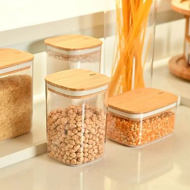 OU Airtight Food Storage Container 6.3cup, Plastic Stackable Kitchen Pantry Organizer w Bamboo Lid