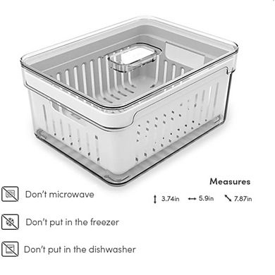 OU Fridge Organizer Bin with Drain Basket & Vented Lid, 2.3 qt Clear Refrigerator Storage Container