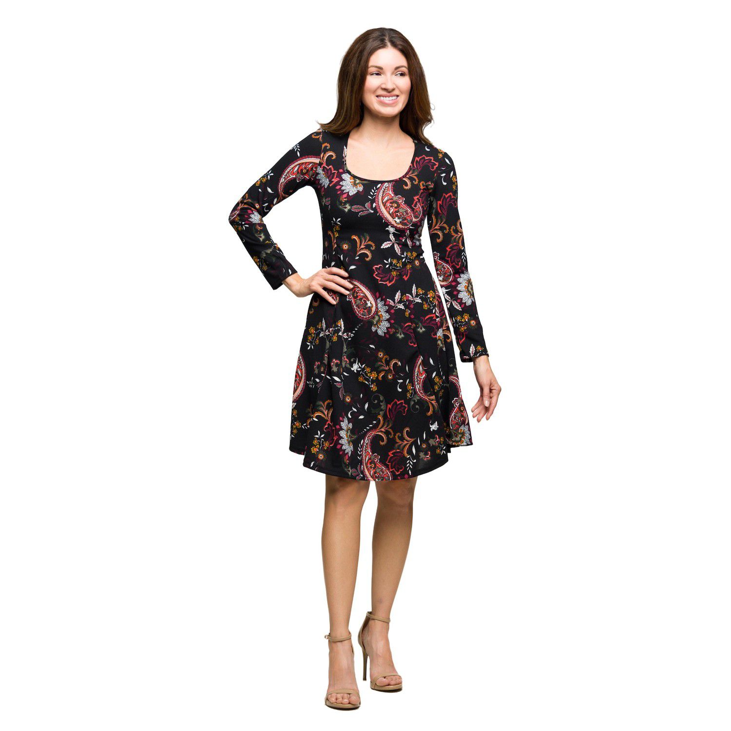 Женские платья 24Seven Comfort Apparel Long Sleeve Fit & Flare Dress with Paisley Print