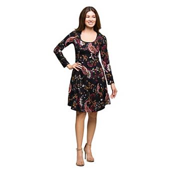 Women's 24Seven Comfort Apparel Long Sleeve Fit & Flare Dress with Paisley Print