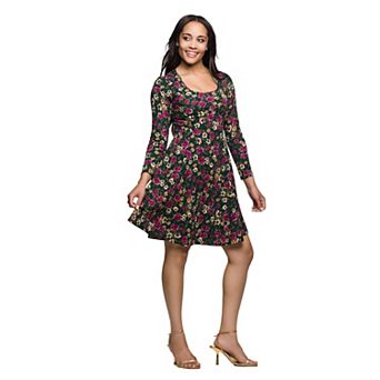 Women's 24Seven Comfort Apparel Floral Print Long Sleeve Fit & Flare Mini Dress