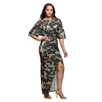 Women's 24Seven Comfort Apparel Abstract Print Batwing Sleeve Maxi Dress with Slit