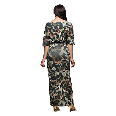 Women's 24Seven Comfort Apparel Abstract Print Batwing Sleeve Maxi Dress with Slit
