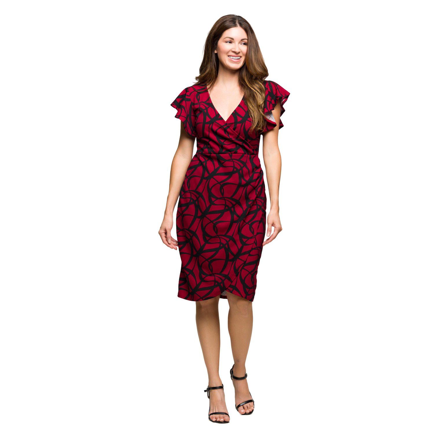 Женские платья 24Seven Comfort Apparel Flutter Sleeve Faux Wrap Dress