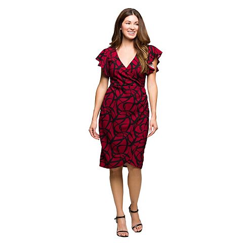 Женские платья 24Seven Women's 24Seven Comfort Apparel Flutter Sleeve Faux Wrap Dress