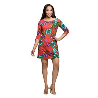 Women's 24Seven Comfort Apparel Floral Print Three-Quarter Sleeve A-Line Dress