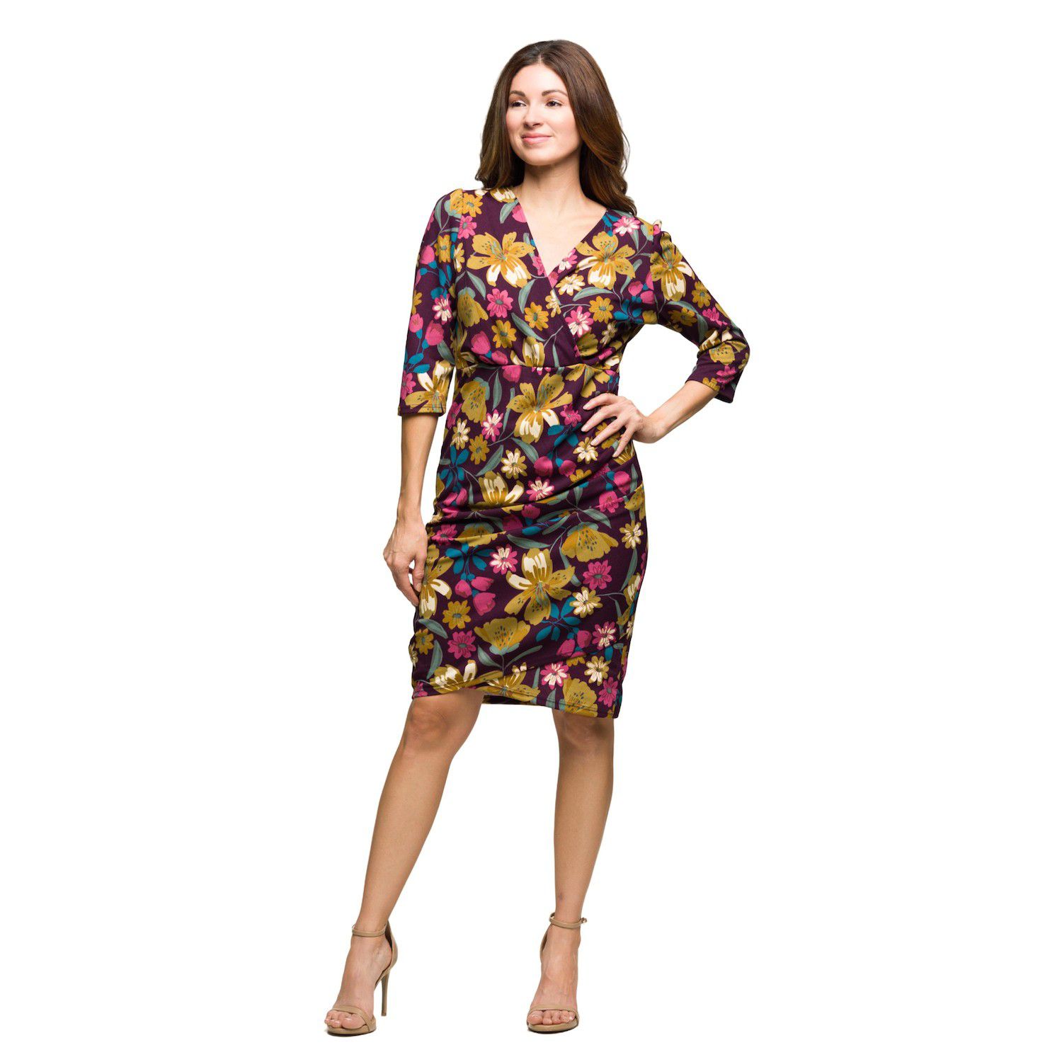Женские платья 24Seven Comfort Apparel Floral Print Faux Wrap Dress