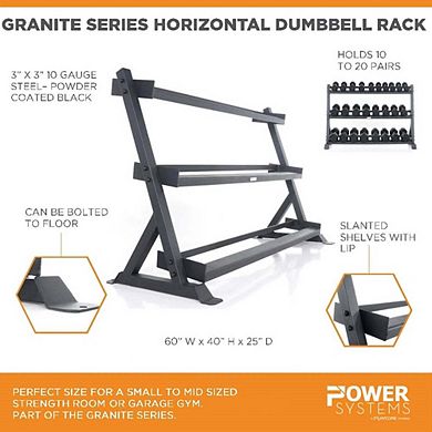 Power Systems 3-Tier Granite Series Horizontal Dumbbell Rack, Heavy-Duty Rack Holds 10-20 Pairs