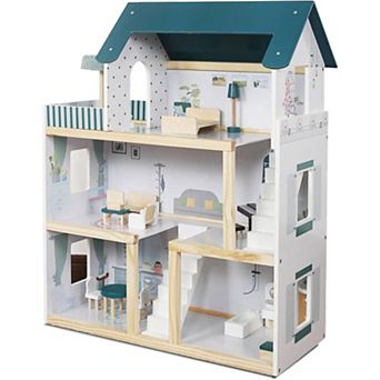 Lil' Jumbl Kids Wooden 3-Story Small Dollhouse w/ Stairs, Furniture & Accessories - Blue
