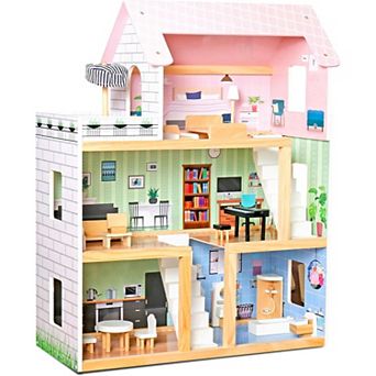 Lil' Jumbl Kids Wooden 3-Story Small Dollhouse w/ Stairs, Furniture & Accessories - Blue