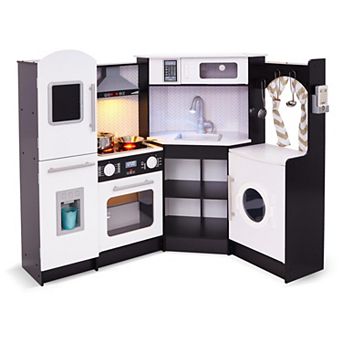 Lil' Jumbl Kids Wooden Corner Play Kitchen w/ Icemaker, Stove, Faucet & Sounds - Natural