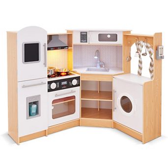 Lil' Jumbl Kids Wooden Corner Play Kitchen w/ Icemaker, Stove, Faucet & Sounds - Natural