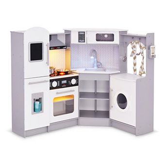 Lil' Jumbl Kids Wooden Corner Play Kitchen w/ Icemaker, Stove, Faucet & Sounds - Natural