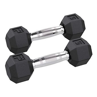 Power Systems 5lb Rubber Hex Dumbbells, Pair of Dumbbells w/Ergonomic Grip & Hexagonal Dead Design