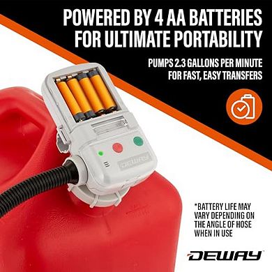 Deway Automatic Fuel Transfer Pump w/Nozzle, Battery Powered, 51" Hose, Fits VP & Standard Gas Cans