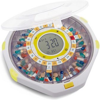 LiveFine Bluetooth Automatic Pill Dispenser, 28-Day Capacity, Alerts, Lock & LCD - Frosted Lid