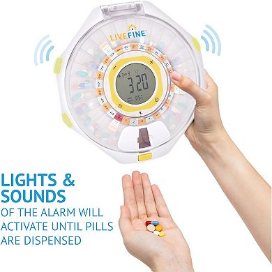 LiveFine Bluetooth Automatic Pill Dispenser, 28-Day Capacity, Alerts, Lock & LCD - Frosted Lid