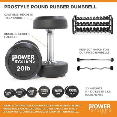 Power Systems ProStyle Round 15 lbs Rubber Dumbbell Set, Strength Training Weights