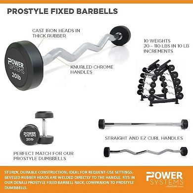 Power Systems Pro-Style Fixed Barbell - 80lbs Weight Bar w/EZ Curl Handle for Home Gym Training