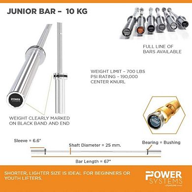 Power Systems 10kg Junior Olympic Bar, 67" Black Zinc & Stainless Steel Traini Barbell