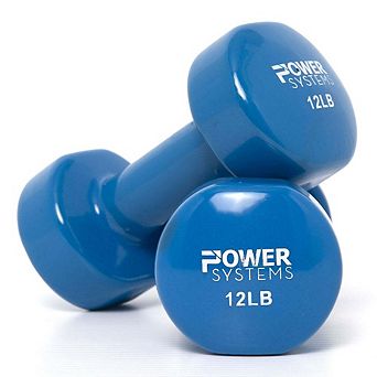 Power Systems 12lbs Deluxe Vinyl Dumbbells Set, Pair of Dumbbell Weight with Non-Slip Grip (Blue)