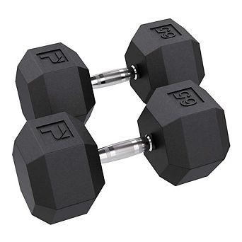 Power Systems 65 lb Rubber Hex Dumbbells, Pair of Dumbbells w/Ergonomic Grip & Hexagonal Dead Design