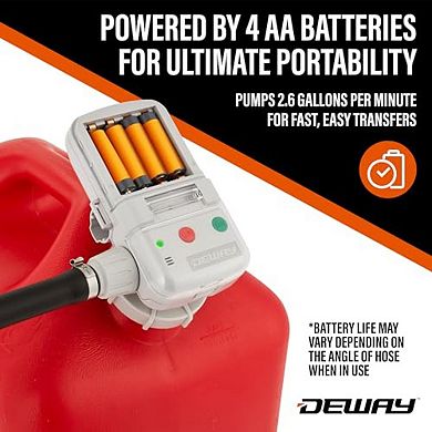 Deway Auto Fuel Transfer Pump w/ Nozzle, AA Battery Powered, 59" Hose, Adapters for Gas & Diesel