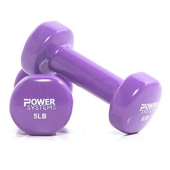 Power Systems 5lbs Deluxe Vinyl Dumbbells Set, Pair of Dumbbell Weight with Non-Slip Grip (Purple)