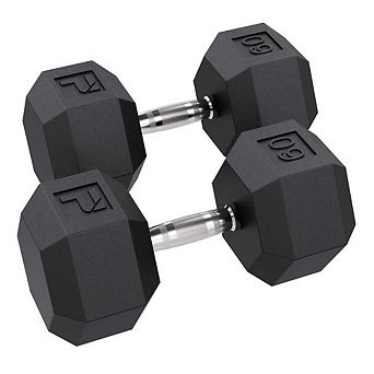 Power Systems 60 lb Rubber Hex Dumbbells, Pair of Dumbbells w/Ergonomic Grip & Hexagonal Dead Design