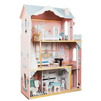 Lil' Jumbl Kids Wooden 3-Story XL Dollhouse w/ Elevator, Furniture & Accessories - Pink