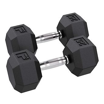 Power Systems 25 lb Rubber Hex Dumbbells, Pair of Dumbbells w/Ergonomic Grip & Hexagonal Dead Design
