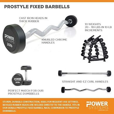 Power Systems Pro-Style Fixed Barbell - 20lbs Weight Bar w/EZ Curl Handle for Home Gym Training