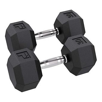 Power Systems 30 lb Rubber Hex Dumbbells, Pair of Dumbbells w/Ergonomic Grip & Hexagonal Dead Design