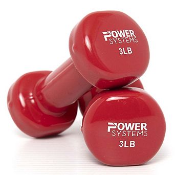 Power Systems 3lbs Deluxe Vinyl Dumbbells Set, Pair of Dumbbell Weight with Non-Slip Grip (Red)