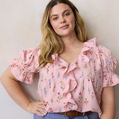 Plus Size LC Lauren Conrad Ruffle Front Blouse With Tucks