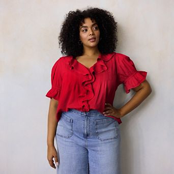 Plus Size LC Lauren Conrad Ruffle Front Blouse With Tucks