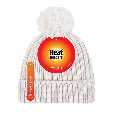 Girls Heat Holders Heatweaver Lined Ribbed Knit Rollup Hat with Pom Pom