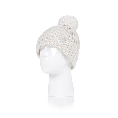 Girls Heat Holders Heatweaver Lined Ribbed Knit Rollup Hat with Pom Pom