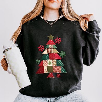 Christmas Tree Patchwork Print - Women's Lightweight Garment Dyed Sweatshirt