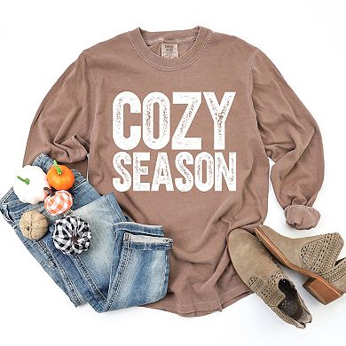 Cozy Season Bold Distressed - Women's Garment Dyed Long Sleeve Graphic T-Shirt