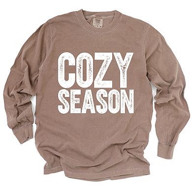 Cozy Season Bold Distressed - Women's Garment Dyed Long Sleeve Graphic T-Shirt