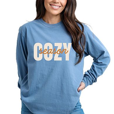 Cozy Season Layered Cursive - Women's Garment Dyed Long Sleeve Graphic T-Shirt